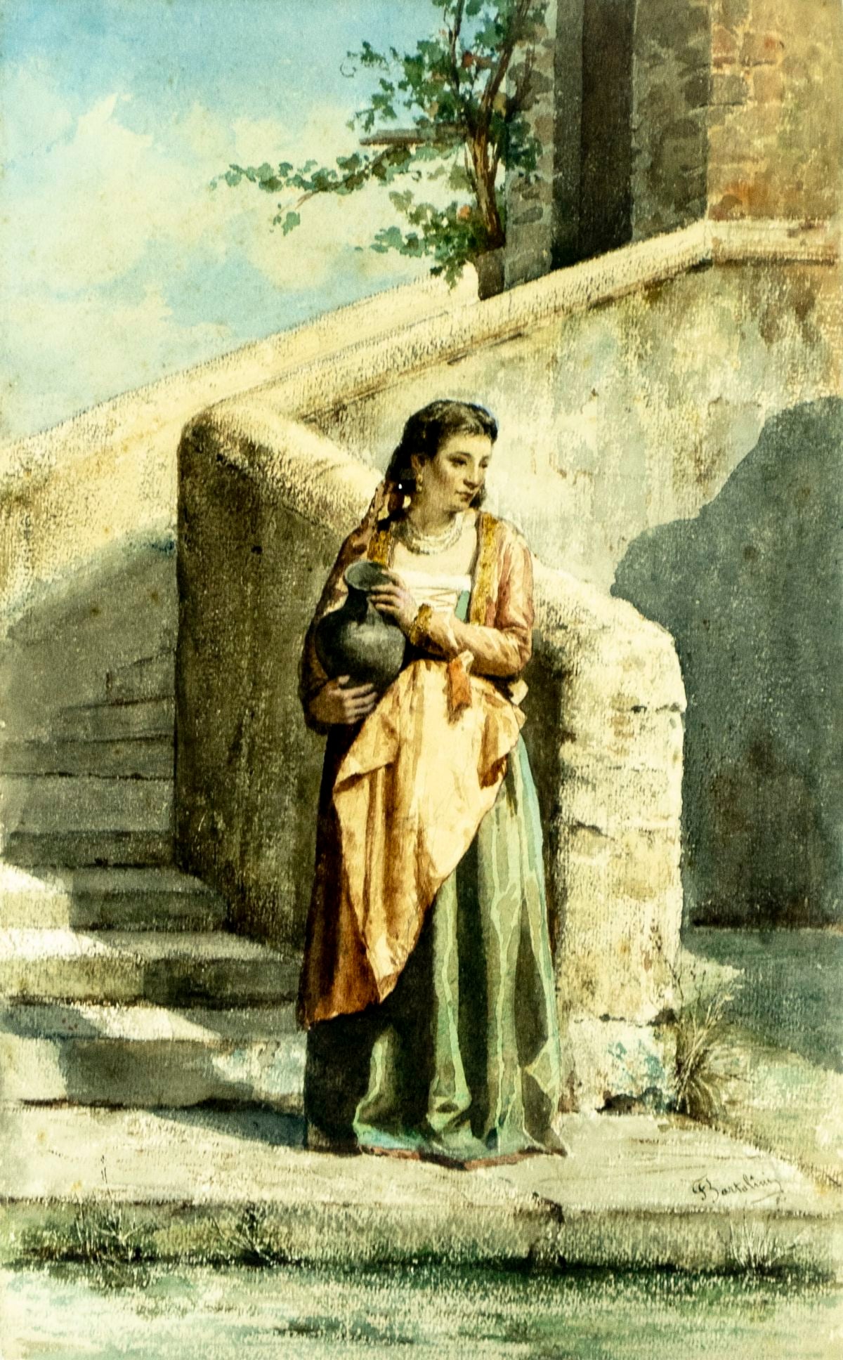 Frederico Bartolini (Italy,act 1880-1920) watercolor painting antique: ARTIST: Frederico Bartolini (Italian, active 1880 - 1920) TITLE: Woman with Jug MEDIUM: watercolor on heavy paper CONDITION: Some age toning. Some faint foxing. Framed und