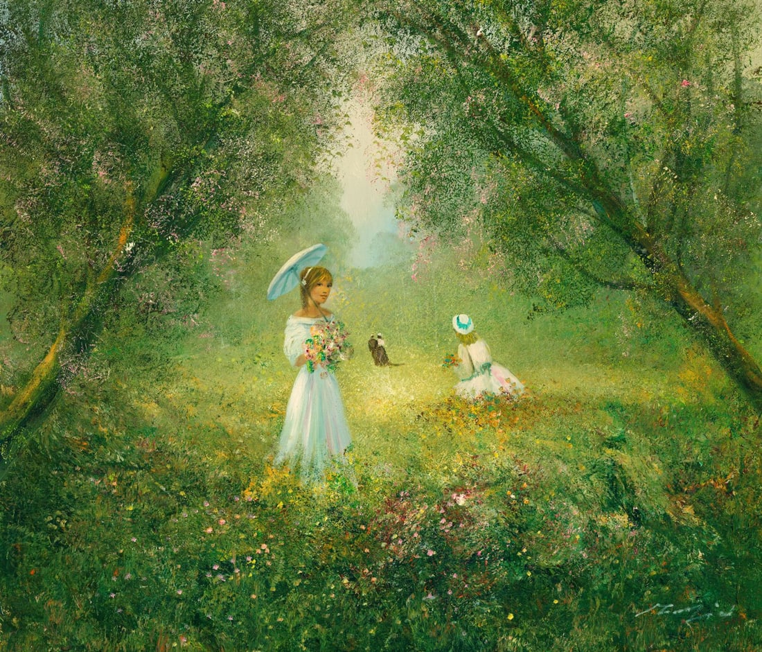 Rahnavardkar Madjid (Germany,Iran,1943-?) oil painting: ARTIST: Rahnavardkar Madjid (German, Iranian, 1943 - ???) TITLE: Women Picking Flowers MEDIUM: oil on canvas CONDITION: Unstretched (In-House stretching available). Few sm