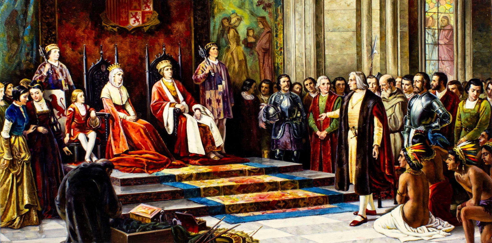 Ivan Sushchenko (Russia,1930-?) oil painting: ARTIST: Ivan Akimovich Sushchenko (Russian, 1930 - ???) TITLE: Columbus Announcing his Discovery to the Spanish Court YEAR: 1992 MEDIUM: oil on canvas. Canvas applied to b