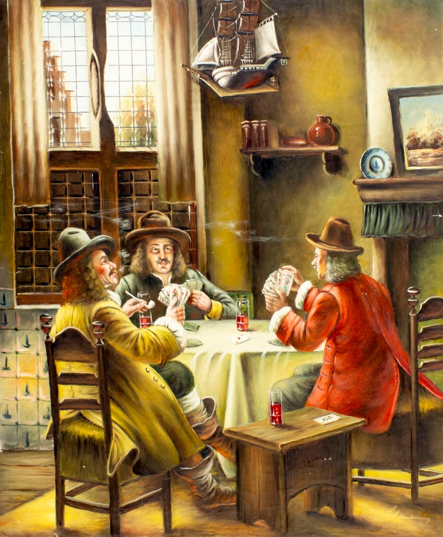 Gunter Erlemann (German,1923-?) oil painting: ARTIST: Gunter Erlemann (Germany, 1923 - ???) TITLE: Card Players MEDIUM: oil on canvas CONDITION: Unstretched (In-House stretching available) (In-House stretching availab
