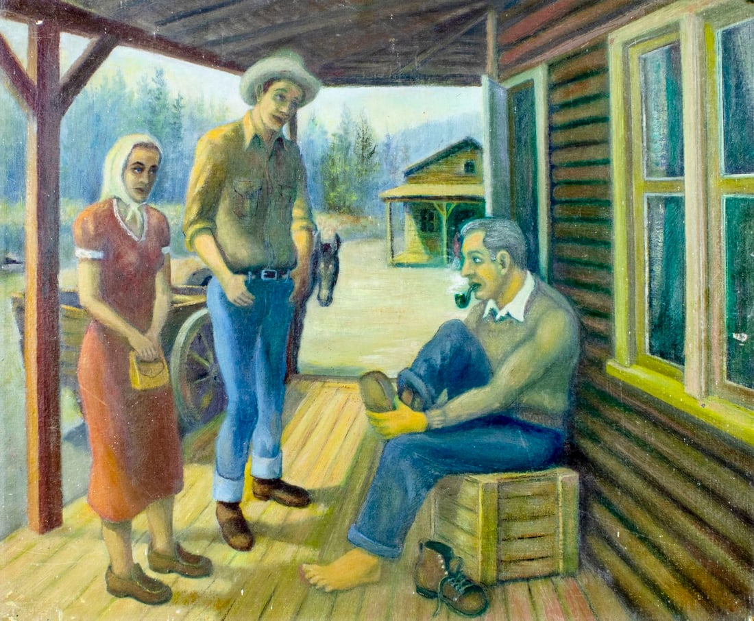 Vintage mid 20C American oil painting: ARTIST: - (American, mid 20 century) TITLE: Porch Scene MEDIUM: oil on canvas board CONDITION: Some damages to edges and corners. Some small scratches/paint losses. No vis