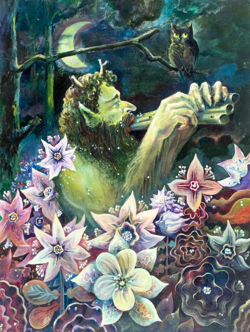 Semion Mirkin (US,Russia,20C) oil painting: ARTIST: Semion Mirkin (American, Russian, 20 century) TITLE: Faun Playing Flute YEAR: 1979 MEDIUM: oil on canvas CONDITION: Some scratches/paint losses m