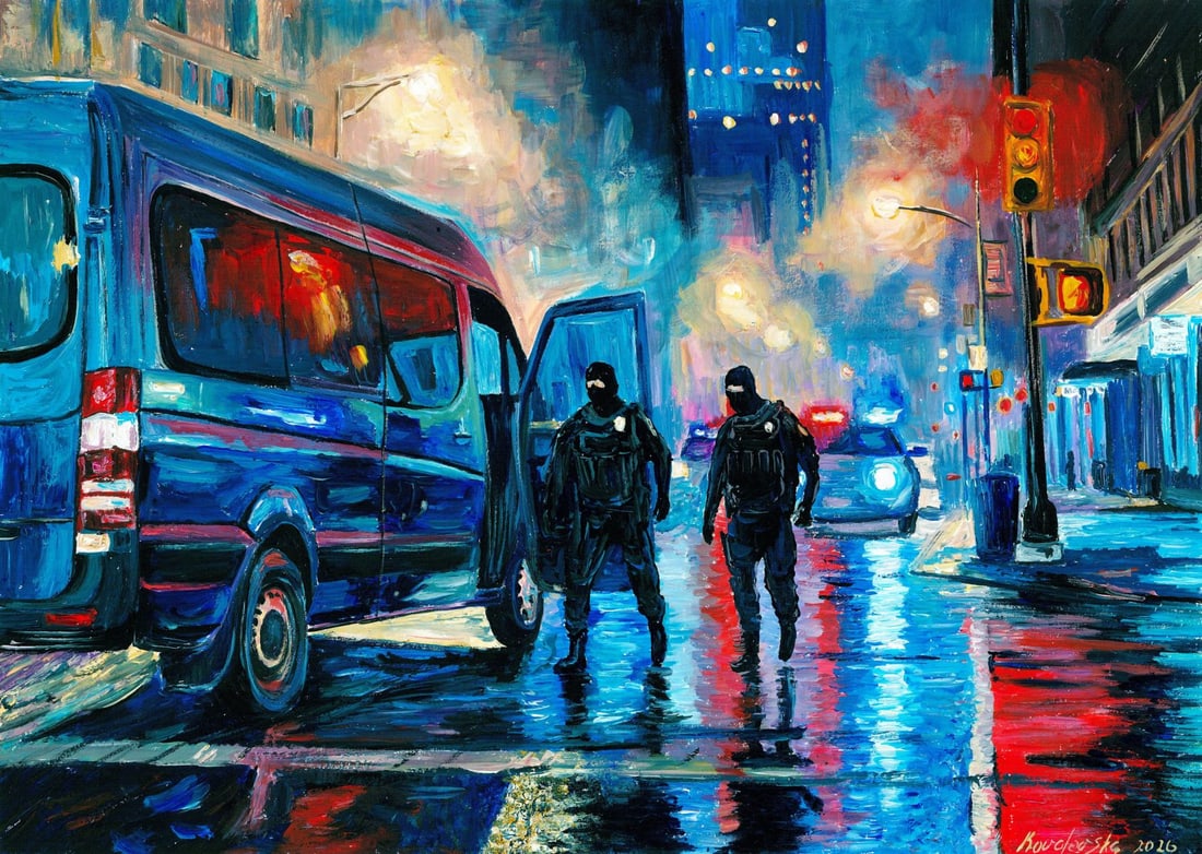 Katerina Kovalevska (Ukraine,20/21C) acrylic painting: ARTIST: Katerina Kovalevska (Ukraine, 20/21 centuries) TITLE: Police Officers on Rainy Street MEDIUM: acrylic on heavy paper CONDITION: Very good. ART SIZE: