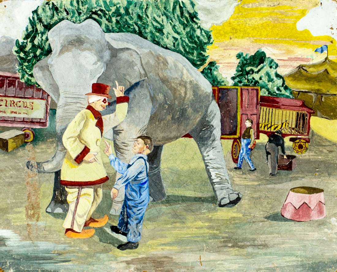 Vintage mid 20C American oil painting: ARTIST: - (American, mid 20 century) TITLE: Circus Scene with Elephant MEDIUM: oil on board CONDITION: Two pinholes by the corners. Some damages to corners. Some scratches