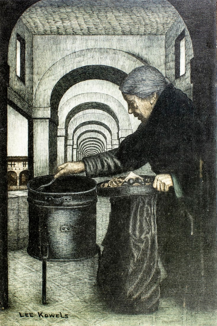 Lee Kowels (FL,20C) oil painting: ARTIST: Lee Kowels (Florida, 20 century) TITLE: The Old Woman of the Streets (titled on stretcher) MEDIUM: oil on canvas CONDITION: Few minor scratches/paint losses. Minor c