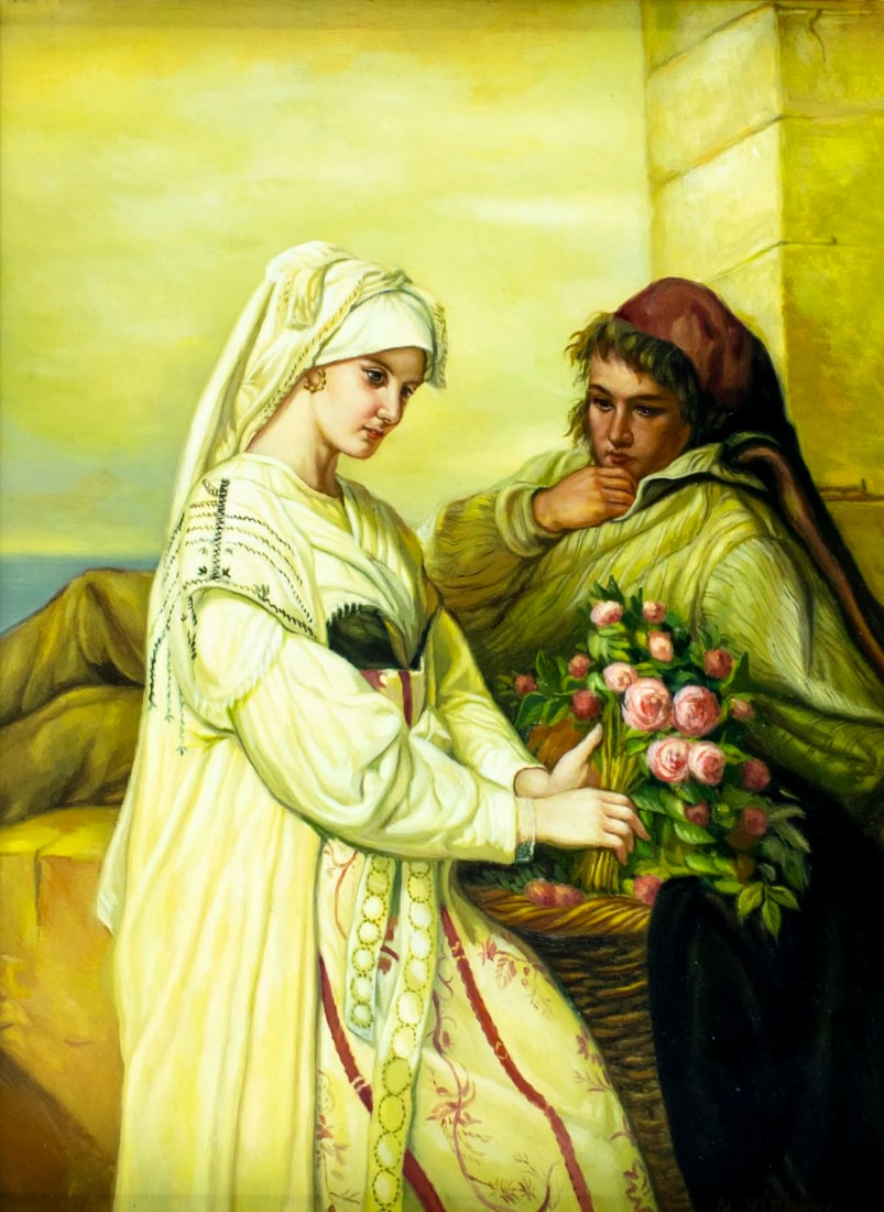 N Henry Bingham (US,1939-?) oil painting: ARTIST: N Henry Bingham (American, 1939 - ???) TITLE: Couple with Flowers MEDIUM: oil on board CONDITION: Overall good. No visible inpaint under UV light. Minor damages to
