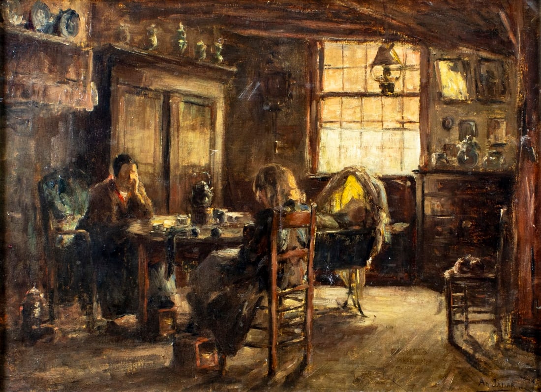 Armand Gustave Jamar (Belgium,1870-1946) oil painting antique: ARTIST: Armand Gustave Jamar (Belgian, 1870 - 1946) TITLE: Family in Interior Scene YEAR: 1906 MEDIUM: oil on canvas CONDITION: Some small scratches/pain