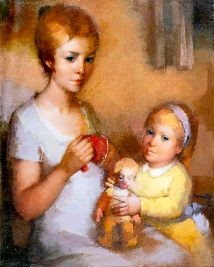 Ruggero Serrato (Italy,1898-?) oil painting: ARTIST: Ruggero Serrato (Italian, 1898 - ???) TITLE: Mother and Daughter MEDIUM: oil on canvas CONDITION: Unstretched (In-House stretching available) (In-House stretching