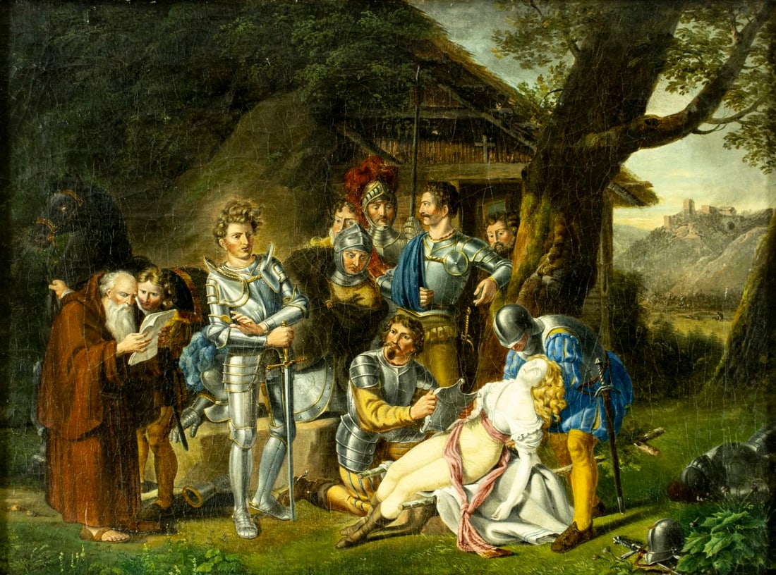 Antique 19C French oil painting: ARTIST: - (France, 19 century) TITLE: Soldiers with Fainting Woman MEDIUM: oil on canvas CONDITION: Two small patches. Few small paint losses mostly in the upper right quadr