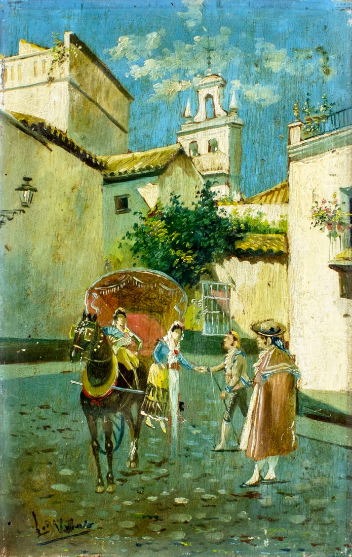 Antique early 20C Spanish oil painting signed: ARTIST: - (Spain, early 20 century) TITLE: Street Scene MEDIUM: oil on board CONDITION: Few nail holes. Few faint scratches. Minor paint losses. Few minor inpaintings/touc