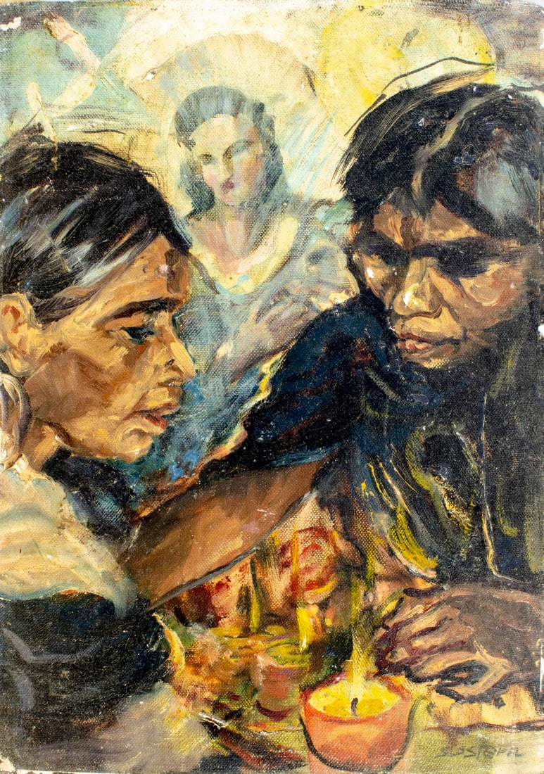 Sydney Stern (FL,1890-1989) oil painting: ARTIST: Sydney Seymore Stern (Florida, 1890 - 1989) TITLE: Devotion (titled on verso) MEDIUM: oil on canvas board CONDITION: Some warping. Some damages to edges and corner