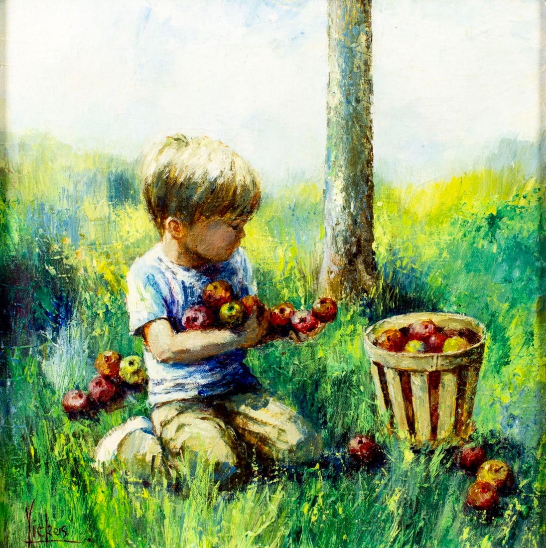 Vickers (US,20C) oil painting: ARTIST: Vickers (American, 20 century) TITLE: Boy Picking Apples MEDIUM: oil on canvas CONDITION: Overall good. No visible inpaint under UV light. ART SIZE: