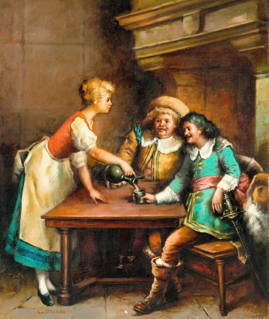 L V Strauss (German,20C) oil painting: ARTIST: L V Strauss (Germany, 20 century) TITLE: Tavern Scene MEDIUM: oil on canvas CONDITION: Unstretched (In-House stretching available) (In-House stretching available). S