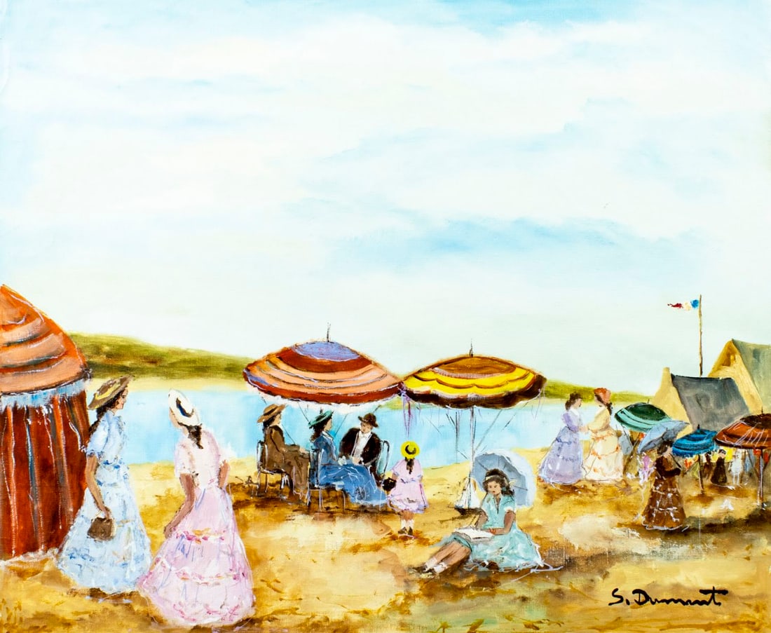 S Dumaret (France,20C) oil painting: ARTIST: S Dumaret (French, 20 century) TITLE: Beach Scene MEDIUM: oil on canvas CONDITION: Unstretched (In-House stretching available) (In-House stretching available). Minor