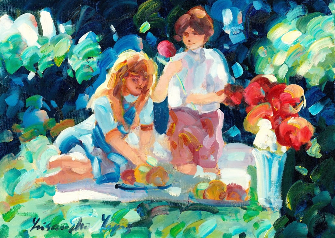 Lisandro Baylon (Argentina,US,1951-?) oil painting: ARTIST: Lisandro Lopez Baylon (Argentinian, American, 1951 - ???) TITLE: Picnic Scene MEDIUM: oil on canvas CONDITION: Unstretched (In-House stretching available) (In-Hous