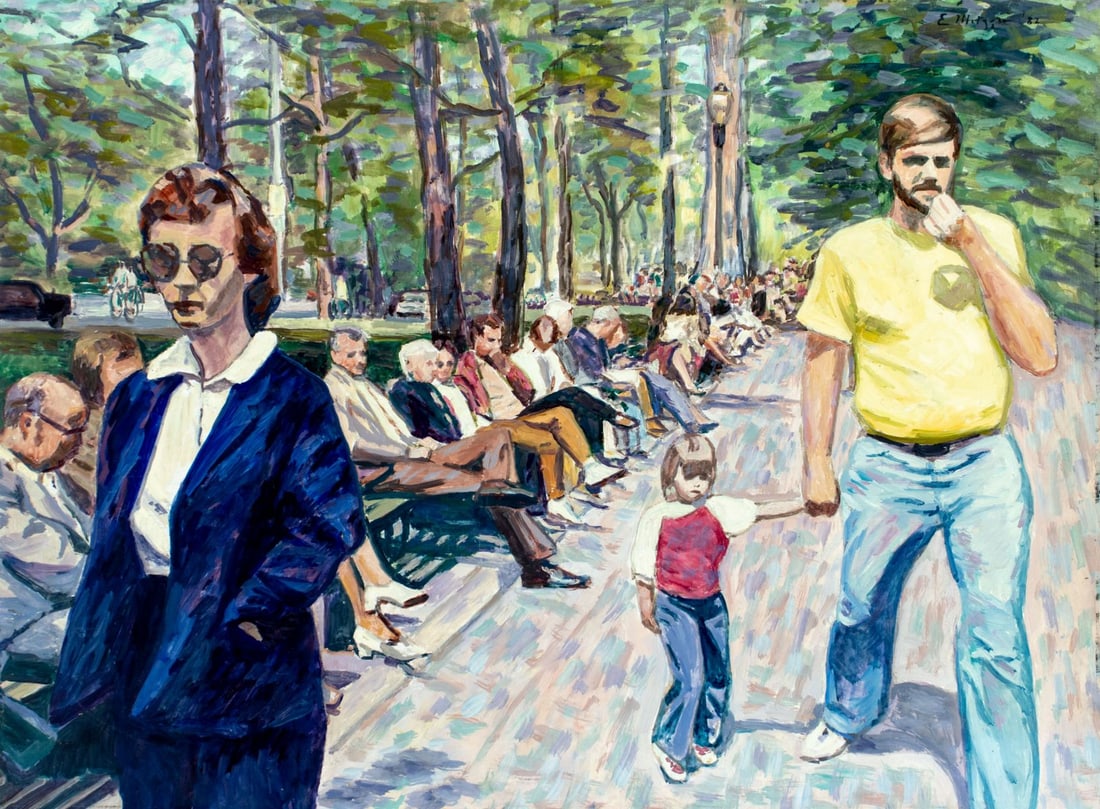 Evelyn Metzger (NY,Brazil,1911-2007) oil painting: ARTIST: Evelyn Borchard Metzger (New York, Brazilian, 1911 - 2007) TITLE: Central Park Scene, NY YEAR: 1982 MEDIUM: oil on board CONDITION: Overall goo