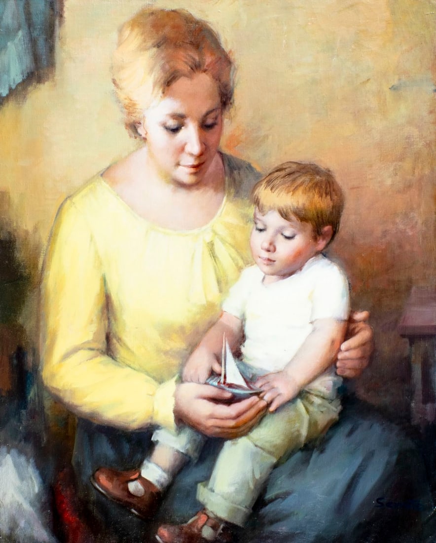 Ruggero Serrato (Italy,1898-?) oil painting: ARTIST: Ruggero Serrato (Italian, 1898 - ???) TITLE: Mother and Son MEDIUM: oil on canvas CONDITION: Unstretched (In-House stretching available) (In-House stretching avail