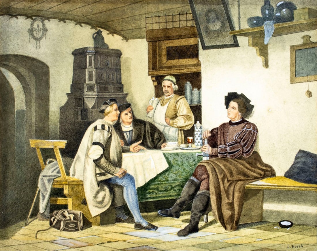 L Roeth (Europe,19C) watercolor painting antique: ARTIST: L Roeth (Europen, 19 century) TITLE: Tavern Scene MEDIUM: watercolor on paper. Paper applied to board. CONDITION: Some age toning. ART SIZE: 11 x
