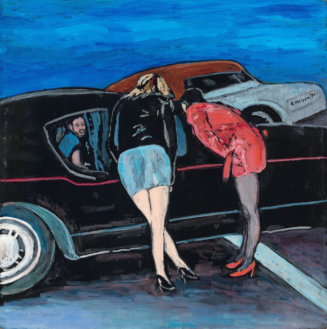 Evelyn Metzger (NY,Brazil,1911-2007) oil painting: ARTIST: Evelyn Borchard Metzger (New York, Brazilian, 1911 - 2007) TITLE: Pick Up Scene (titled on verso) YEAR: 1996 MEDIUM: oil on board CONDITION: Mi