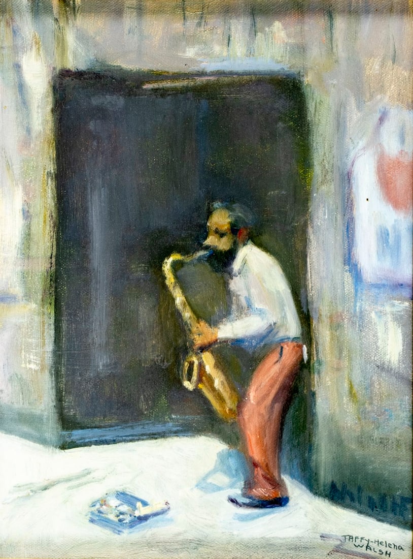 Taffy Helena Walsh (US,20C) oil painting: ARTIST: Taffy Helena Walsh (American, 20 century) TITLE: Let Me Entertain You (titled on label) MEDIUM: oil on canvas CONDITION: Overall good. No visible inpaint under UV li