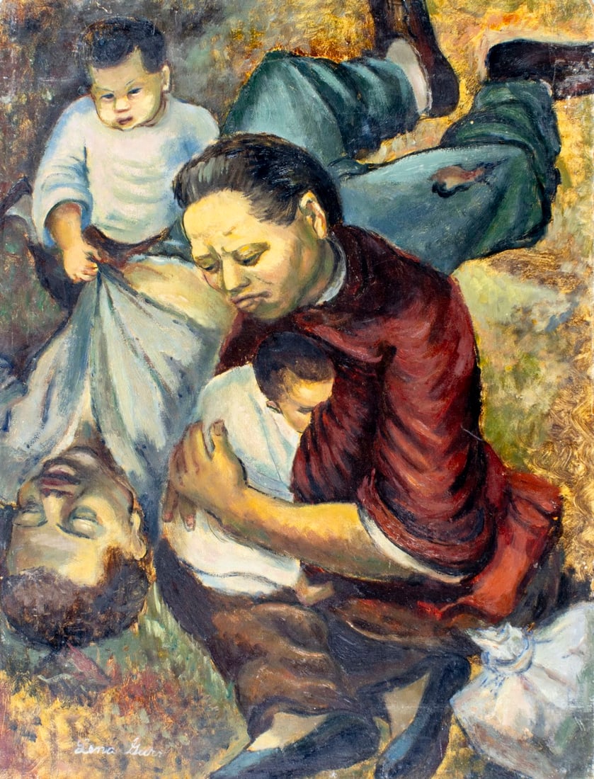 Lena Gurr (NY,1897-1992) oil painting: ARTIST: Lena Gurr Biel (New York, 1897 - 1992) TITLE: Chinese Tragedy (titled on verso) MEDIUM: oil on board CONDITION: Some damages to edges and corners. Some small scrat