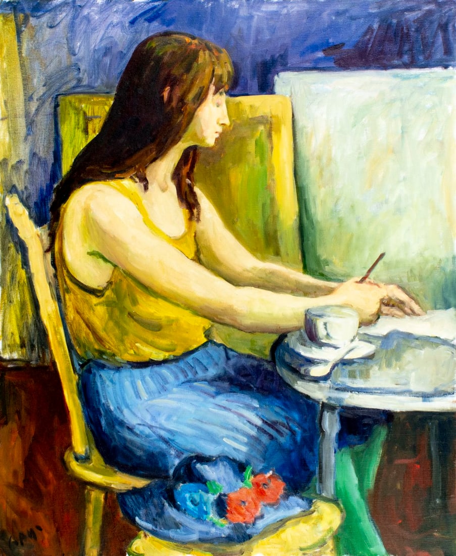 Virginia Tito Gay (MO,KS,1932-2024) oil painting: ARTIST: Virginia Tito Gay Findlay (Missouri, Kansas, 1932 - 2024) TITLE: Woman at Table MEDIUM: oil on canvas CONDITION: Very good. No visible inpaint under UV light. <