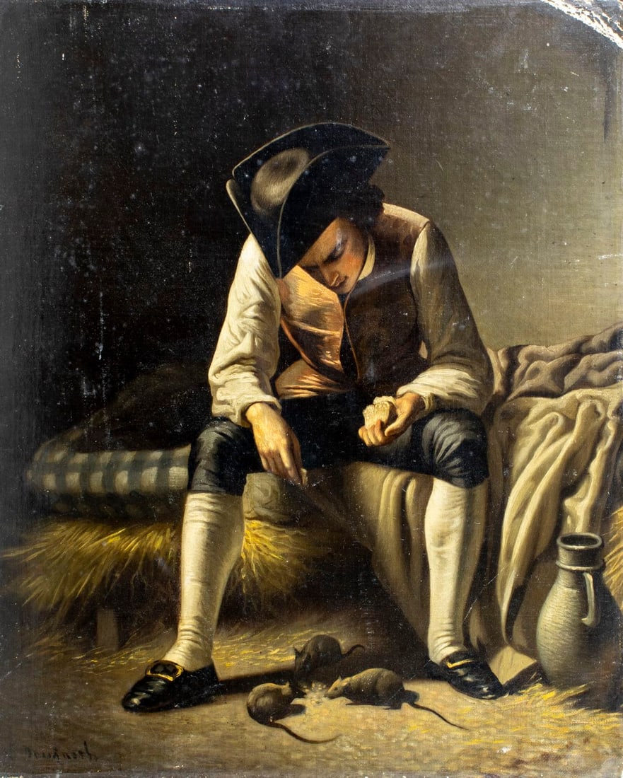 Antique 19C European oil painting signed: ARTIST: - (Europe, 19 century) TITLE: Man Feeding Rats MEDIUM: oil on canvas. Canvas applied to board. CONDITION: Some scratches/paint losses (see pictures carefully). Some