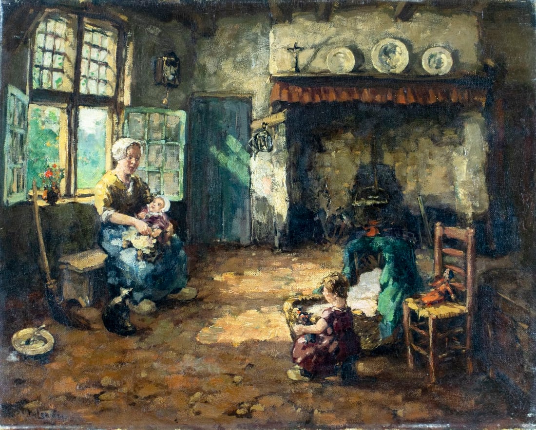 Antique early 20C Dutch oil painting signed: ARTIST: - (Netherlands, early 20 century) TITLE: Mother and Children MEDIUM: oil on canvas CONDITION: Few minor paint losses. Minor craquelure. No visible inpaint under UV