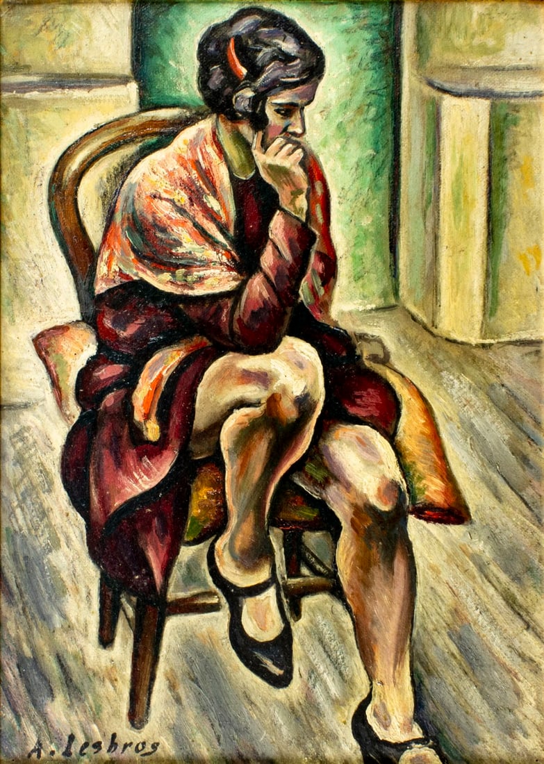 Alfred Lesbros (France,1873-1940) oil painting antique: ARTIST: Alfred Lesbros (French, 1873 - 1940) TITLE: Seated Woman YEAR: 1931 MEDIUM: oil on canvas. Canvas applied to board. CONDITION: Few nail holes.