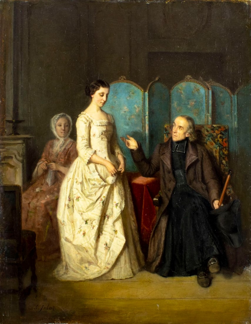 S Jobert (France,19C) oil painting antique: ARTIST: S Jobert (French, 19 century) TITLE: Interior Scene MEDIUM: oil on board CONDITION: Minor craquelure. Some inpaintings along edges. Normal wear along edges.