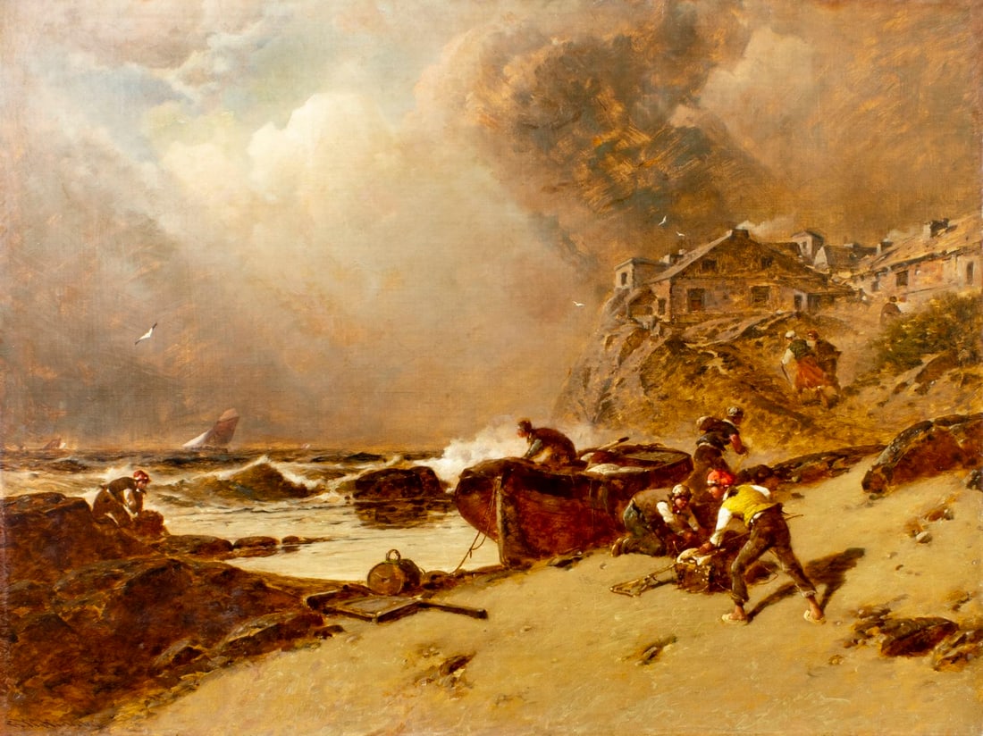 George Washington Nicholson (NJ,PA,1832-1912) oil painting antique: ARTIST: George Washington Nicholson (New Jersey, Pennsylvania, 1832 - 1912) TITLE: Preparing for the Storm MEDIUM: oil on canvas CONDITION: Relined. Few minor scratches/pain
