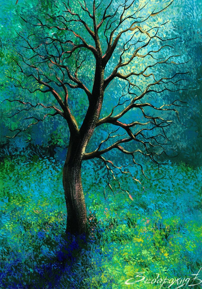 Victoria Zadorognya (Ukraine,20/21C) acrylic painting: ARTIST: Victoria Zadorognya (Ukraine, 20/21 centuries) TITLE: Forest Landscape with Tree MEDIUM: acrylic on heavy paper CONDITION: Very good. ART SIZE: 1