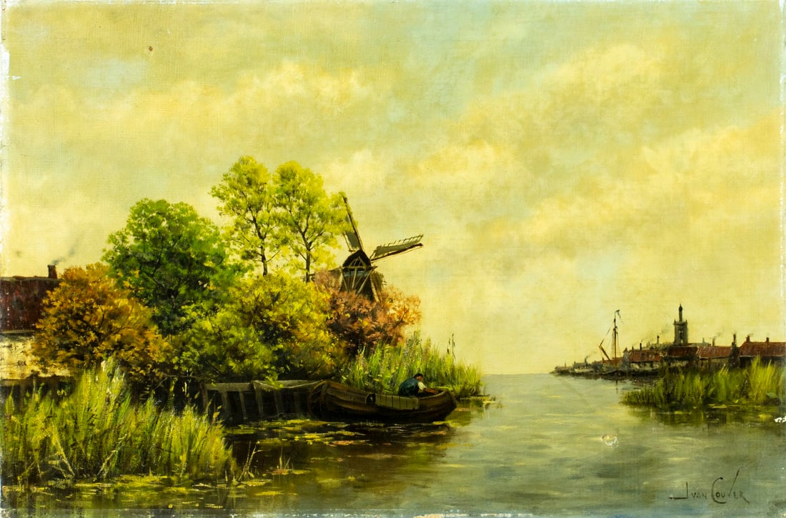 Hermanus Koekkoek Jr (Dutch,UK,1836-1909) oil painting antique: ARTIST: Hermanus Koekkoek Jr (Netherlands, United Kingdom, 1836 - 1909) TITLE: Landscape - Spring on the Vecht, Holland (titled on verso) MEDIUM: oil on canvas CONDITION: Tw