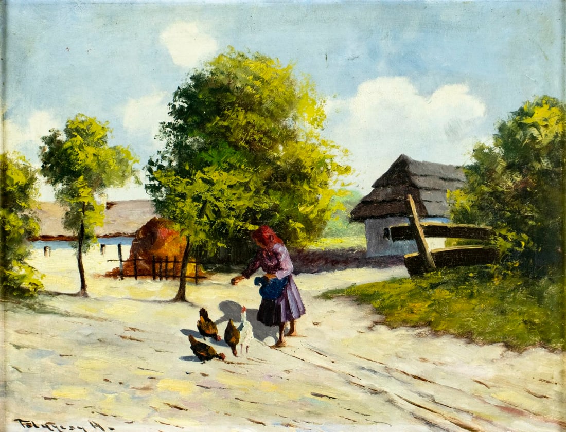 Arthur Tolgyossy (Hungary,1853-1920) oil painting antique: ARTIST: Arthur Toelgyessy (Hungarian, 1853 - 1920) TITLE: Village Landscape MEDIUM: oil on canvas CONDITION: Some paint losses mostly in the upper left quadrant. Minor cra