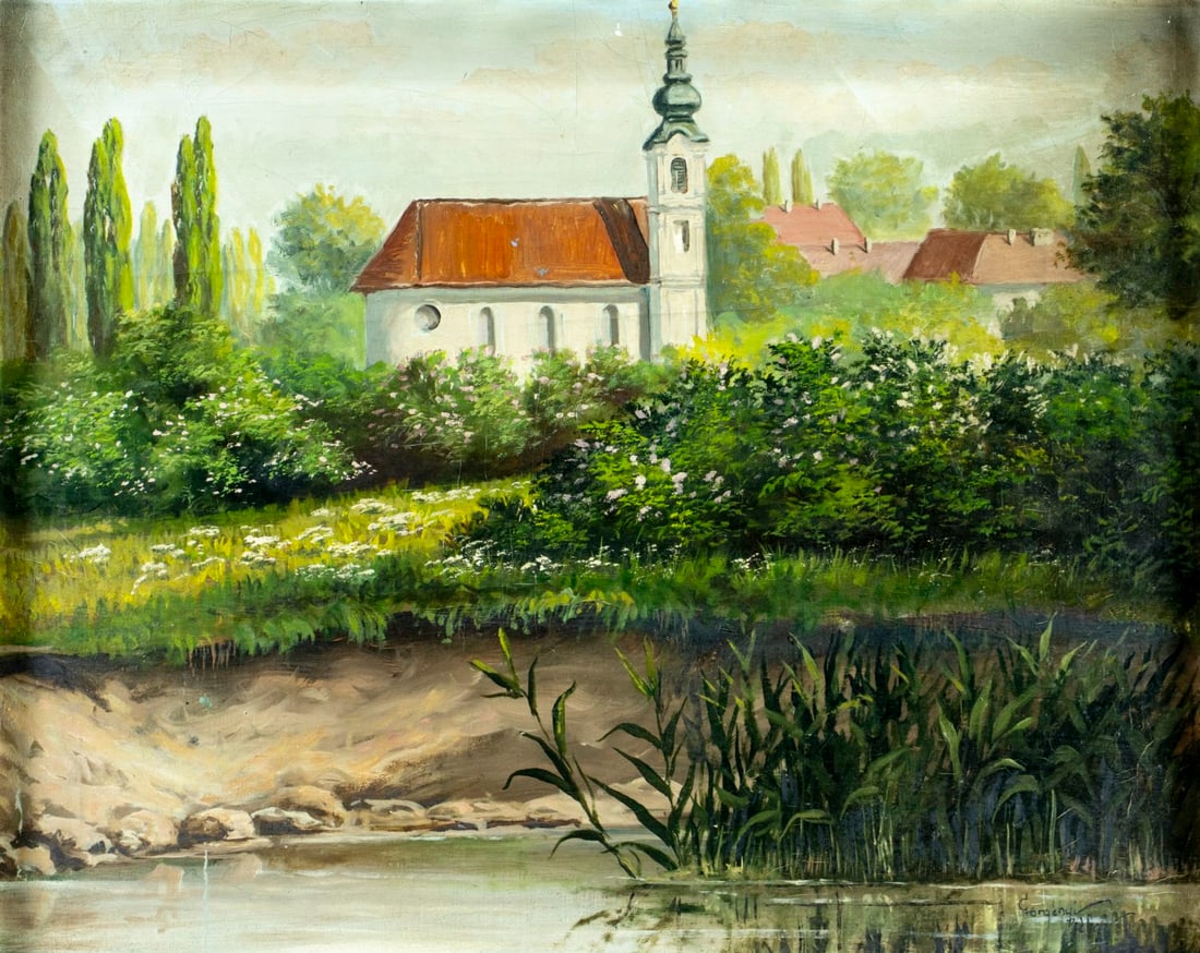 Bela Gorgenyi (Hungary,mid 20C) oil painting: ARTIST: Bela Gorgenyi (Hungarian, mid 20 century) TITLE: Landscape with Church MEDIUM: oil on canvas CONDITION: Some scratches/paint losses mostly along edges. Minor craquel