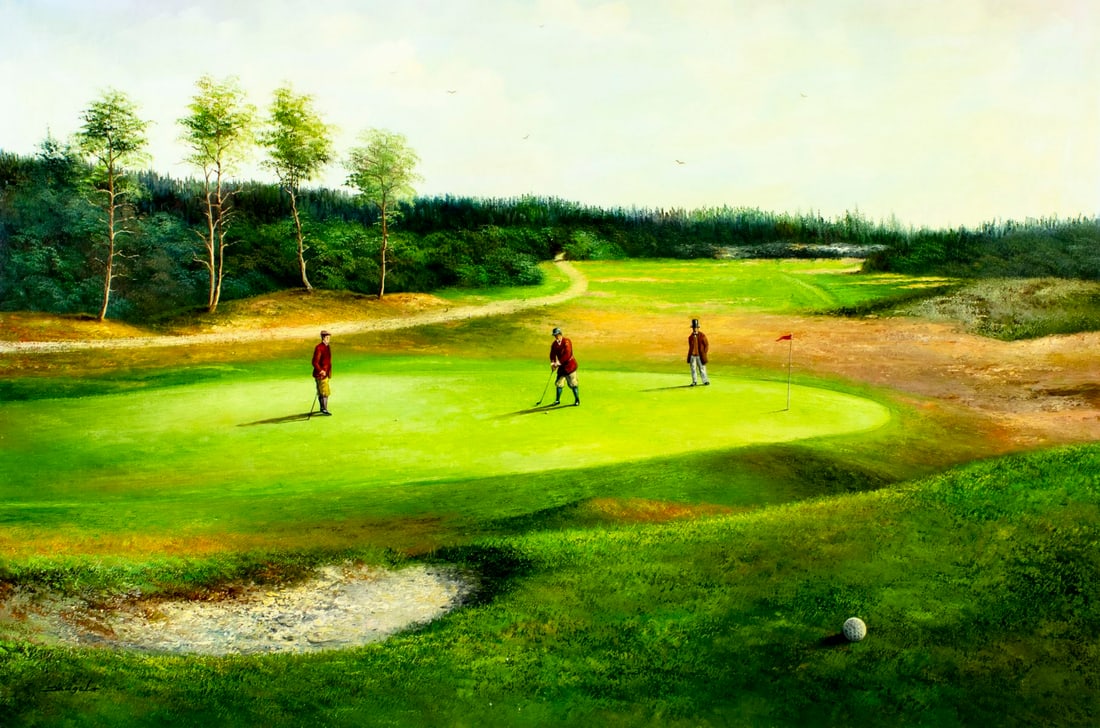 D'Angelo (Europe,20C) oil painting: ARTIST: D'Angelo (European, 20 century) TITLE: Golf Players MEDIUM: oil on canvas CONDITION: Unstretched (In-House stretching available) (In-House stretching available). Ove
