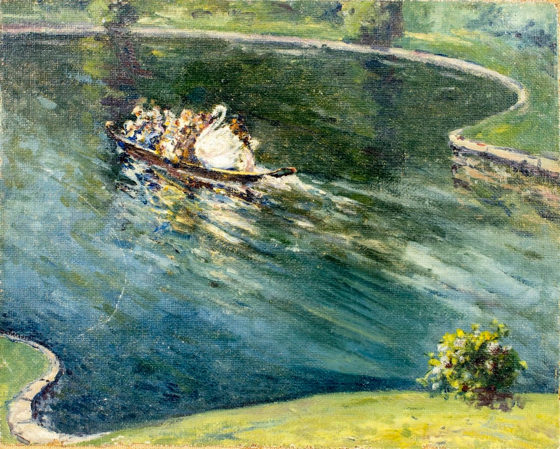 Vintage mid 20C American oil painting: ARTIST: - (American, mid 20 century) TITLE: Pond Landscape with Swan MEDIUM: oil on canvas. Canvas applied to board. CONDITION: Some small scratches/paint losses. Very min