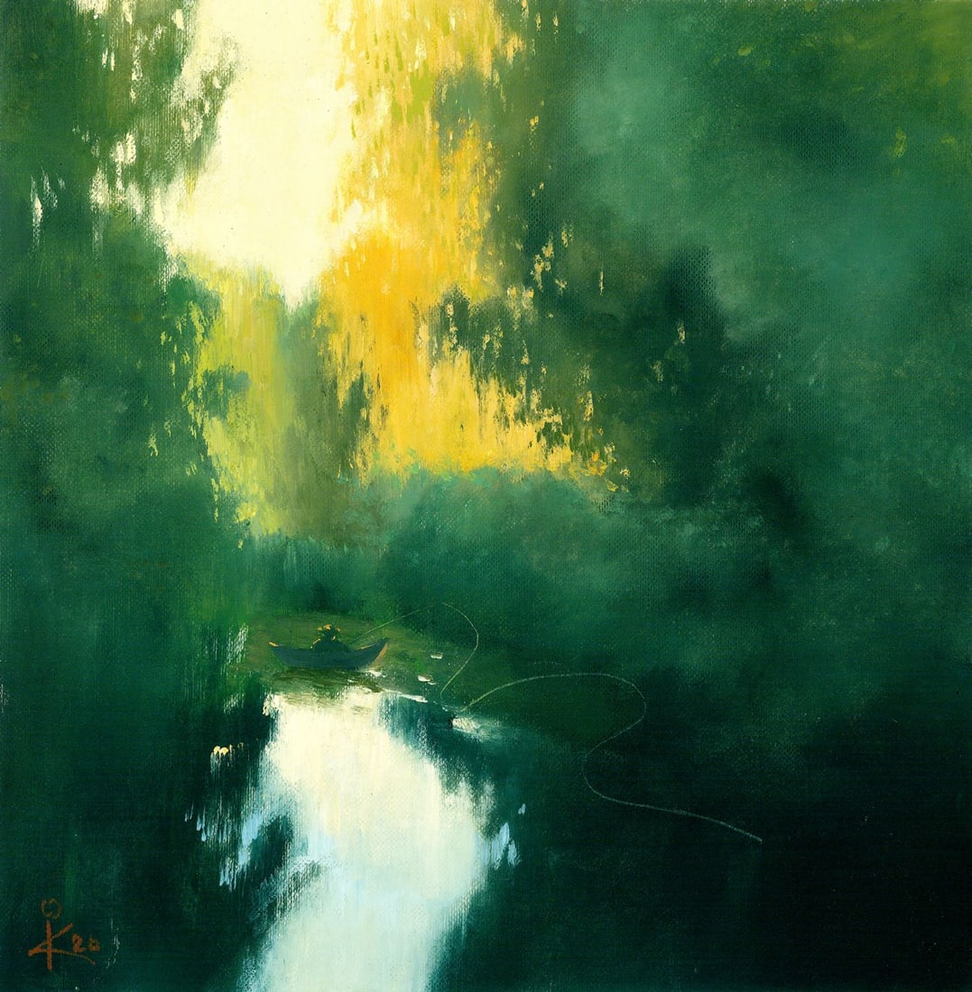 Inna Kravtsova (Ukraine,20/21C) oil painting: ARTIST: Inna Kravtsova (Ukraine, 20/21 centuries) TITLE: River Landscape with Fisherman MEDIUM: oil on heavy paper CONDITION: Very good. No visible inpaint under UV light.