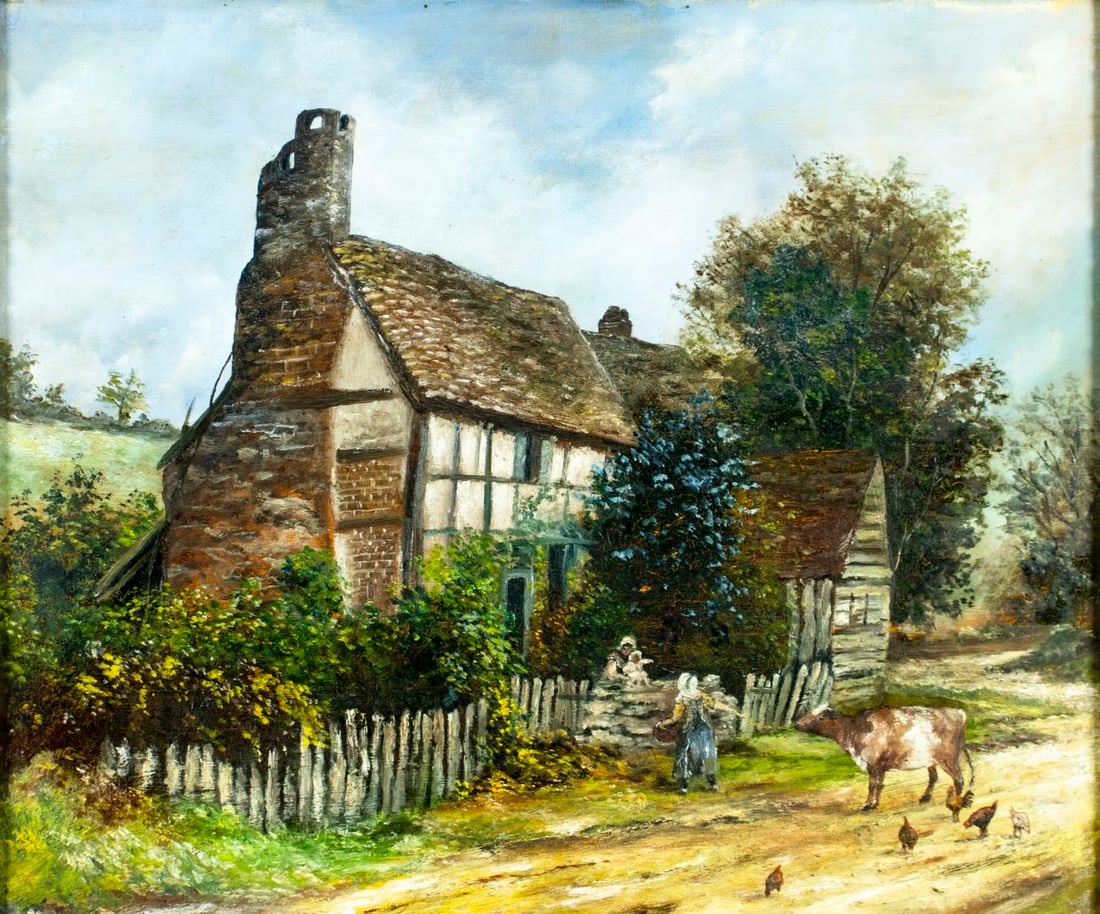 Antique early 20C European oil painting: ARTIST: - (Europe, early 20 century) TITLE: Village Landscape with Cow MEDIUM: oil on canvas. Canvas applied to board. CONDITION: Two nail holes along the upper edge. Some