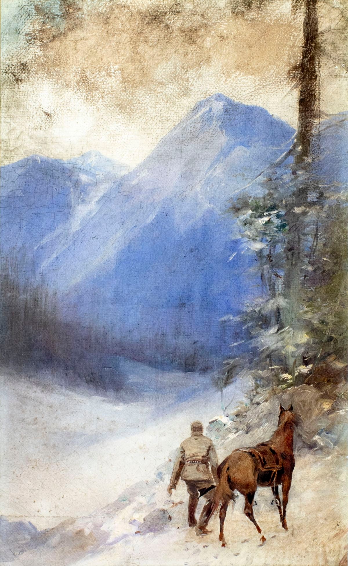Antique early 20C American oil painting: ARTIST: - (American, early 20 century) TITLE: Mountain Landscape with Man and Horse MEDIUM: oil on canvas. Canvas applied to board. CONDITION: Few minor paint losses. Some