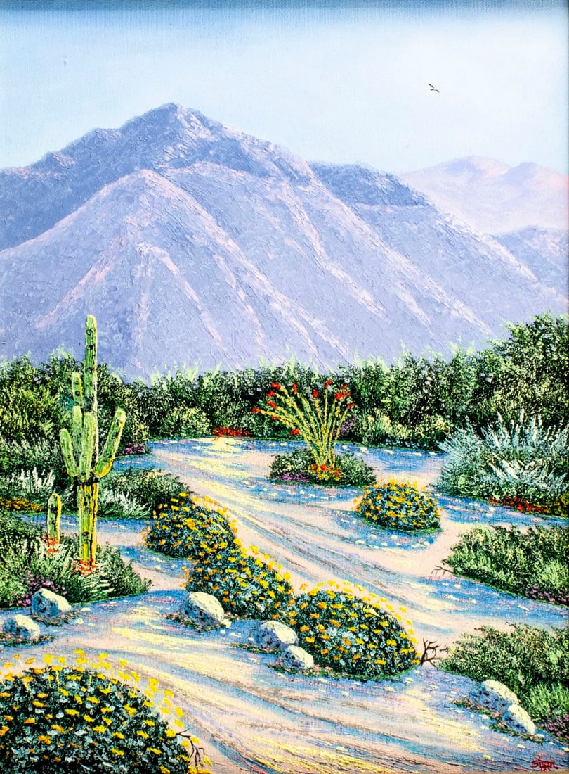 Gerry Stein (AZ,20/21C) oil painting: ARTIST: Gerry R Stein (Arizaona, 20/21 centuries) TITLE: Desert Landscape MEDIUM: oil on canvas CONDITION: Very good. No visible inpaint under UV light. ART SIZE: