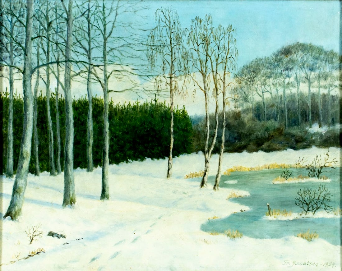 Fr Jacobsen (Danish,early 20C) oil painting antique: ARTIST: Fr Jacobsen (Denmark, early 20 century) TITLE: Winter Landscape with Pond YEAR: 1934 MEDIUM: oil on canvas CONDITION: Few minor paint losses most