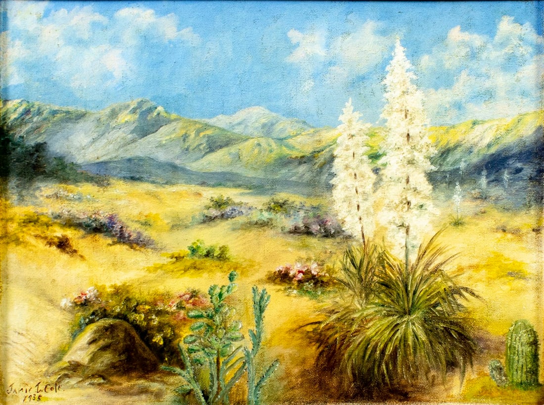 Jamie Cole (CA,early 20C) oil painting antique: ARTIST: Jamie Cole (California, early 20 century) TITLE: Desert Landscape YEAR: 1935 MEDIUM: oil on canvas board CONDITION: Few minor paint losses. No vi