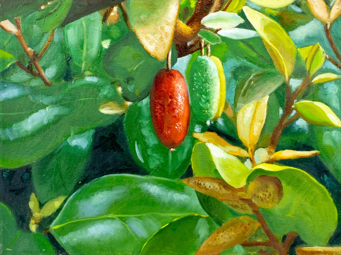 Vintage 20C American oil painting: ARTIST: - (American, 20 century) TITLE: Tropical Landscape with Fruit MEDIUM: oil on canvas CONDITION: Few minor paint losses. No visible inpaint under UV light. Normal wear