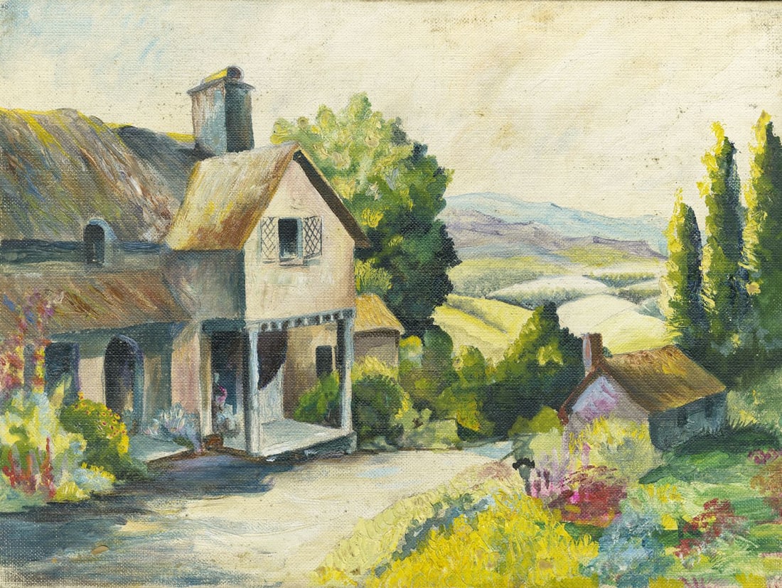 S Grayson (US,mid 20C) oil painting: ARTIST: S Grayson (United States, mid 20 century) TITLE: Country Landscape with Cottage MEDIUM: oil on canvas board CONDITION: Minor damages to corners. Minor scratches/pain