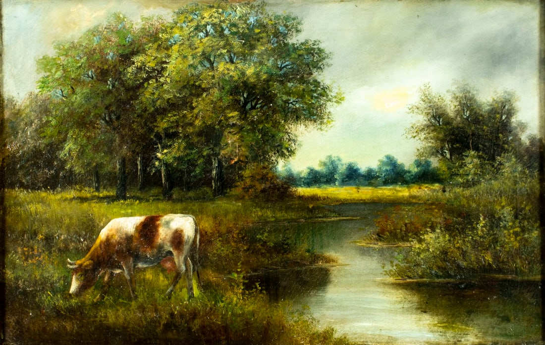 Antique 19C American oil painting: ARTIST: - (American, 19 century) TITLE: River Landscape with Cow MEDIUM: oil on canvas CONDITION: Relined. Some small scratches/paint losses. Some craquelure. Some scattered