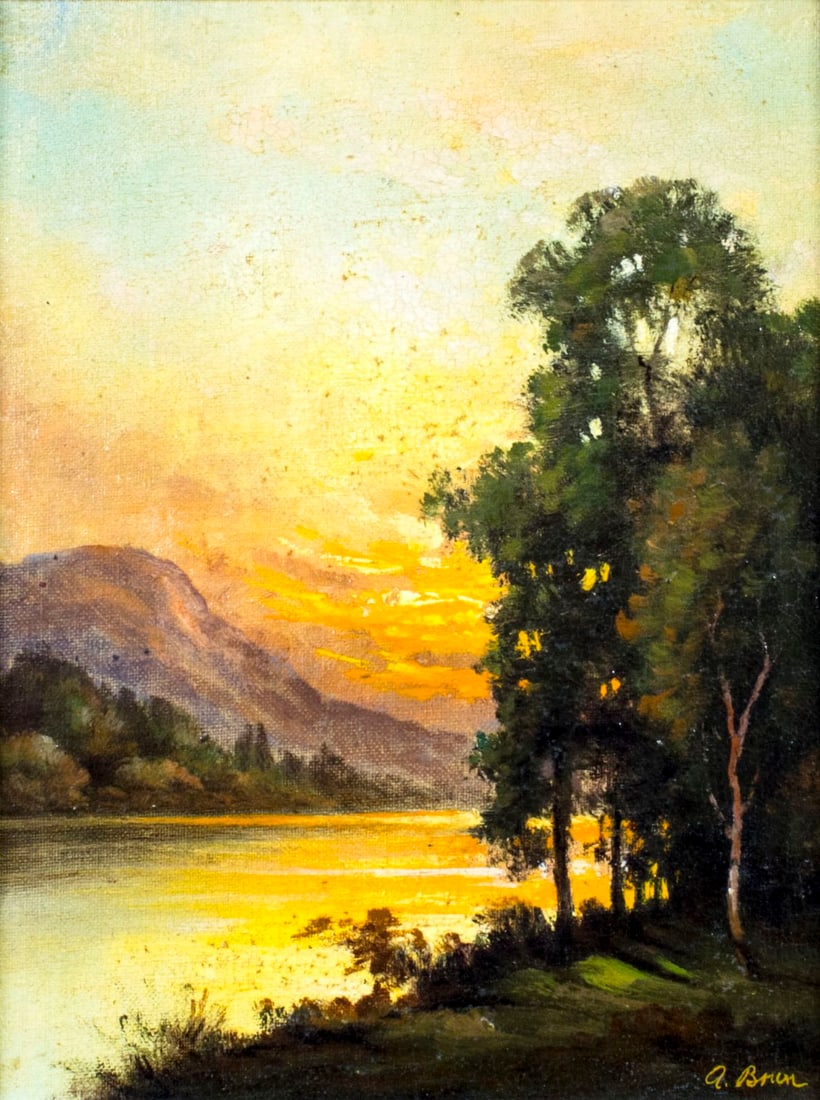 A Brun (US,mid 20C) oil painting: ARTIST: A Brun (American, mid 20 century) NAME: Sunset River Landscape MEDIUM: oil on canvas board CONDITION: Some craquelure. No visible inpaint under UV light. Wear to frame. SIGHT SIZE