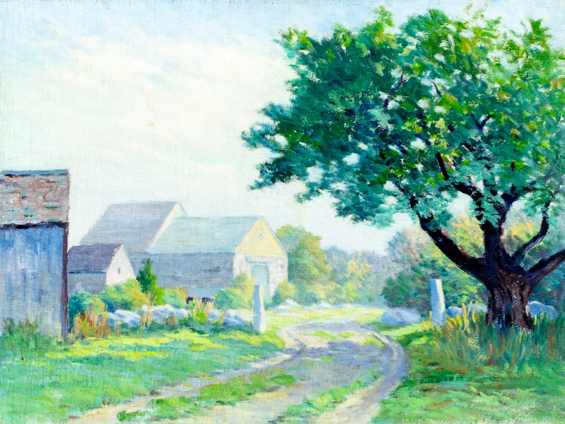 Barbara Burns (US,mid 20C) oil painting: ARTIST: Barbara Burns (American, mid 20 century) TITLE: Village Landscape MEDIUM: oil on canvas. Canvas applied to board. CONDITION: Some small paint losses mostly in the lo