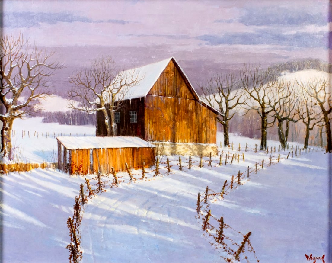 Patrick Woodman (CA,NM,b 1948) oil painting: ARTIST: Patrick Woodman (California, New Mexico, born 1948) TITLE: Winter Barn Landscape MEDIUM: oil on canvas CONDITION: Few minor paint losses. Minor craquelure. No visibl