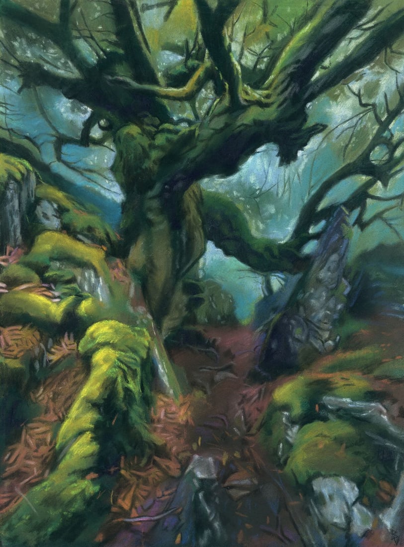 Victoria Borisova (Ukraine,20/21C) pastel painting: ARTIST: Victoria Borisova (Ukraine, 20/21 centuries) TITLE: Mossy Forest Landscape MEDIUM: pastel on heavy paper CONDITION: Very good. ART SIZE: 16 x 12